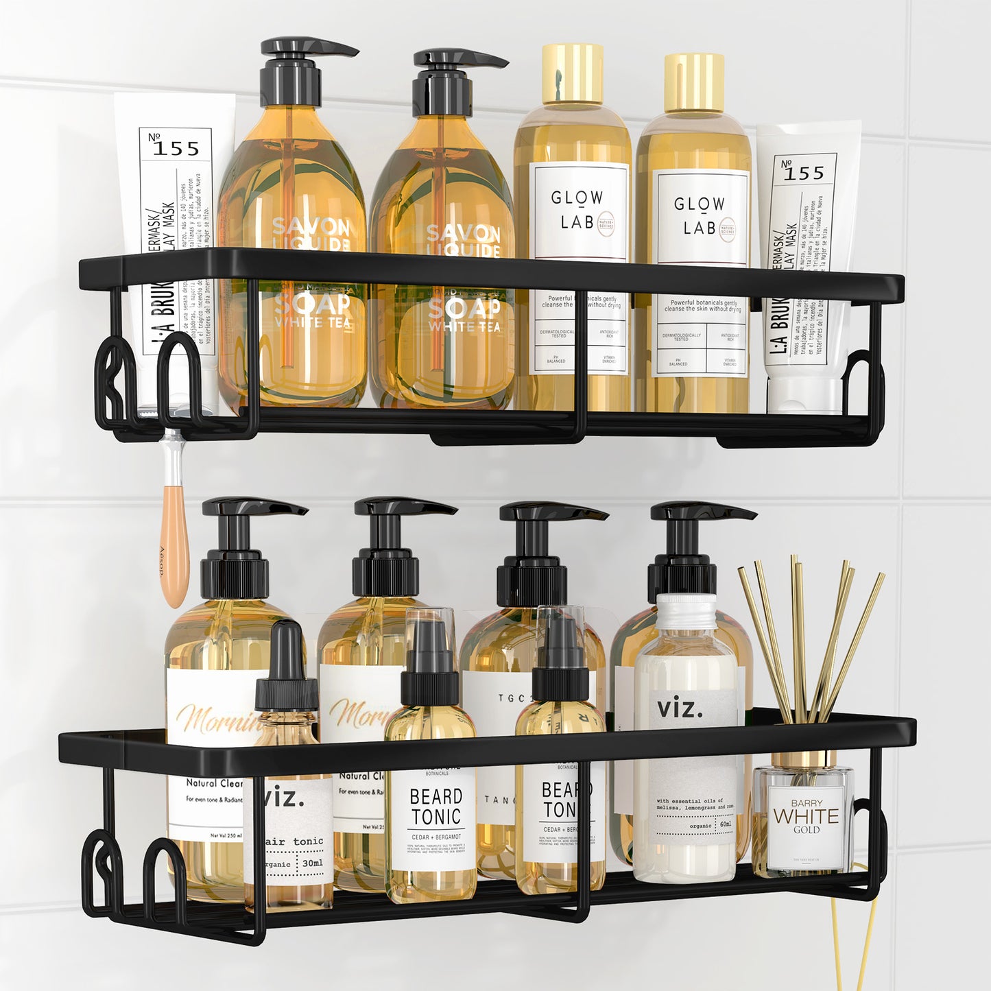 Kitsure Shower Caddy - 2 Pack Rustproof Shower Organizer, Drill-Free & Quick-Dry Shower Shelves for inside Shower with Large Capacity, Durable Stainless Steel Shower Rack with 4 Hooks, Black (4167)