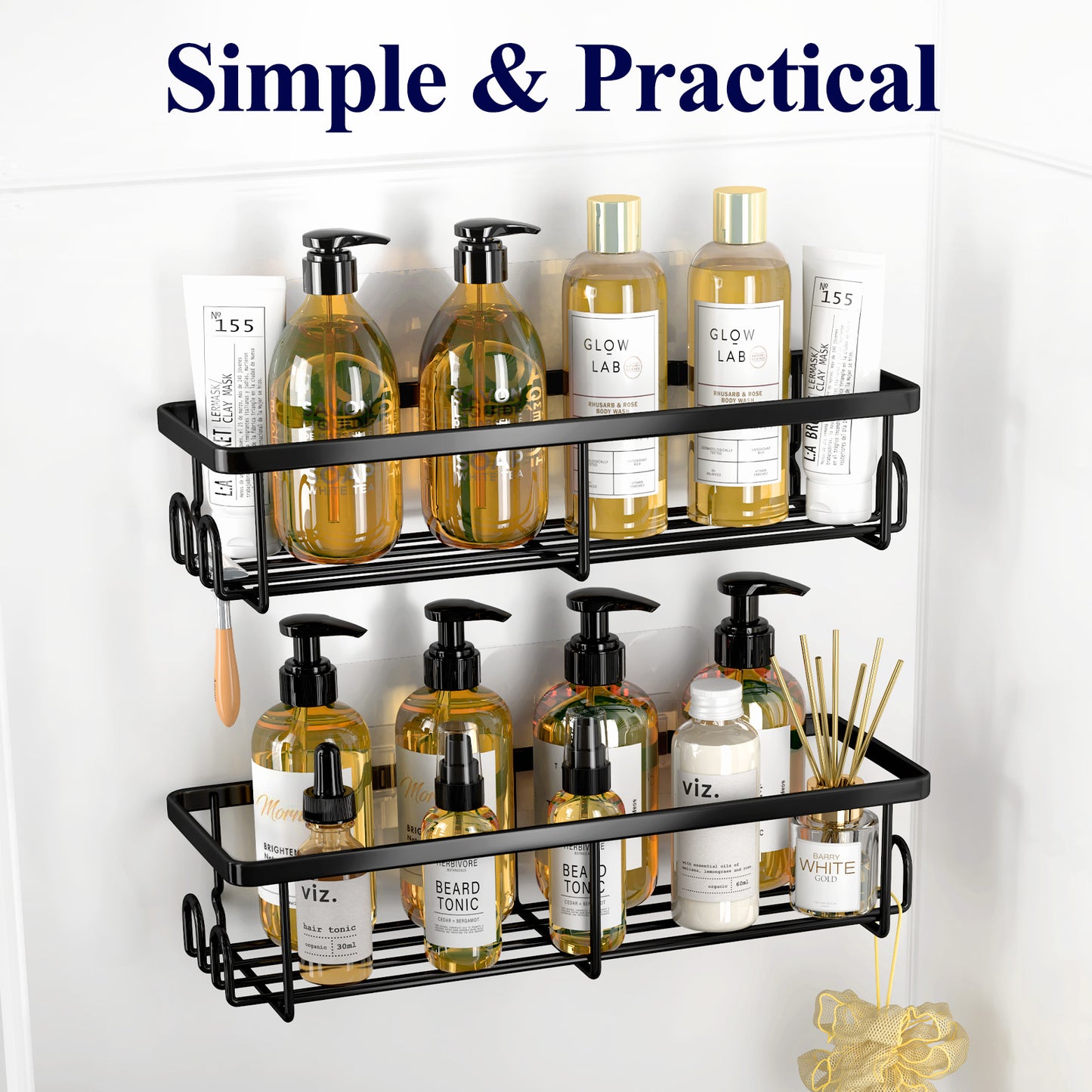 Kitsure Shower Caddy - 2 Pack Rustproof Shower Organizer, Drill-Free & Quick-Dry Shower Shelves for inside Shower with Large Capacity, Durable Stainless Steel Shower Rack with 4 Hooks, Black (4167)