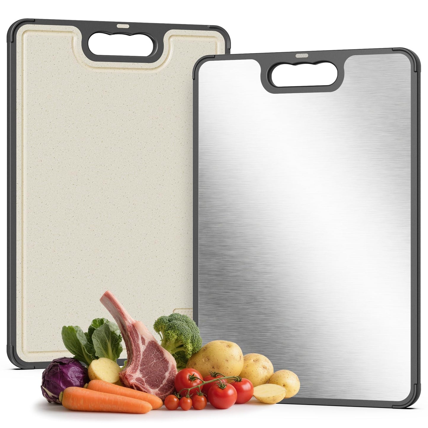 Kitsure Double-Sided Cutting Board for Kitchen - Stainless Steel Cutting Board with Wheat Straw Side, Non-Toxic Chopping Board with Juice Groove, Garlic Grinder & Non-Slip Design, 14.5 x 10.0"