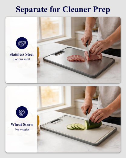 Kitsure Double-Sided Cutting Board for Kitchen - Stainless Steel Cutting Board with Wheat Straw Side, Non-Toxic Chopping Board with Juice Groove, Garlic Grinder & Non-Slip Design, 14.5 x 10.0"