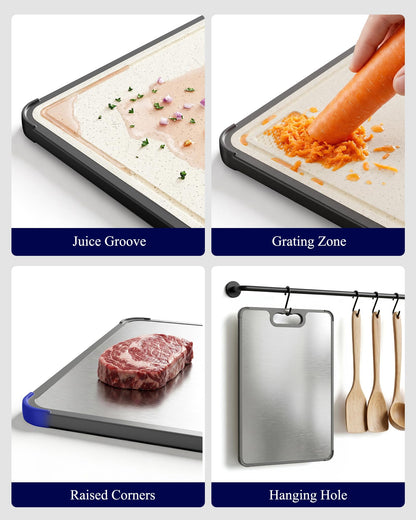 Kitsure Double-Sided Cutting Board for Kitchen - Stainless Steel Cutting Board with Wheat Straw Side, Non-Toxic Chopping Board with Juice Groove, Garlic Grinder & Non-Slip Design, 14.5 x 10.0"
