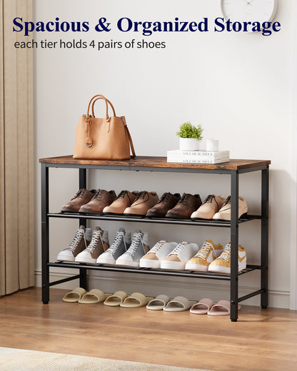 Kitsure 3-Tier Metal Shoe Rack with Wooden Top, Sturdy Shoe Organizer for Entryway, Bedroom, Closet, 29.0" x 11.4" x 18.4", Rustic Brown