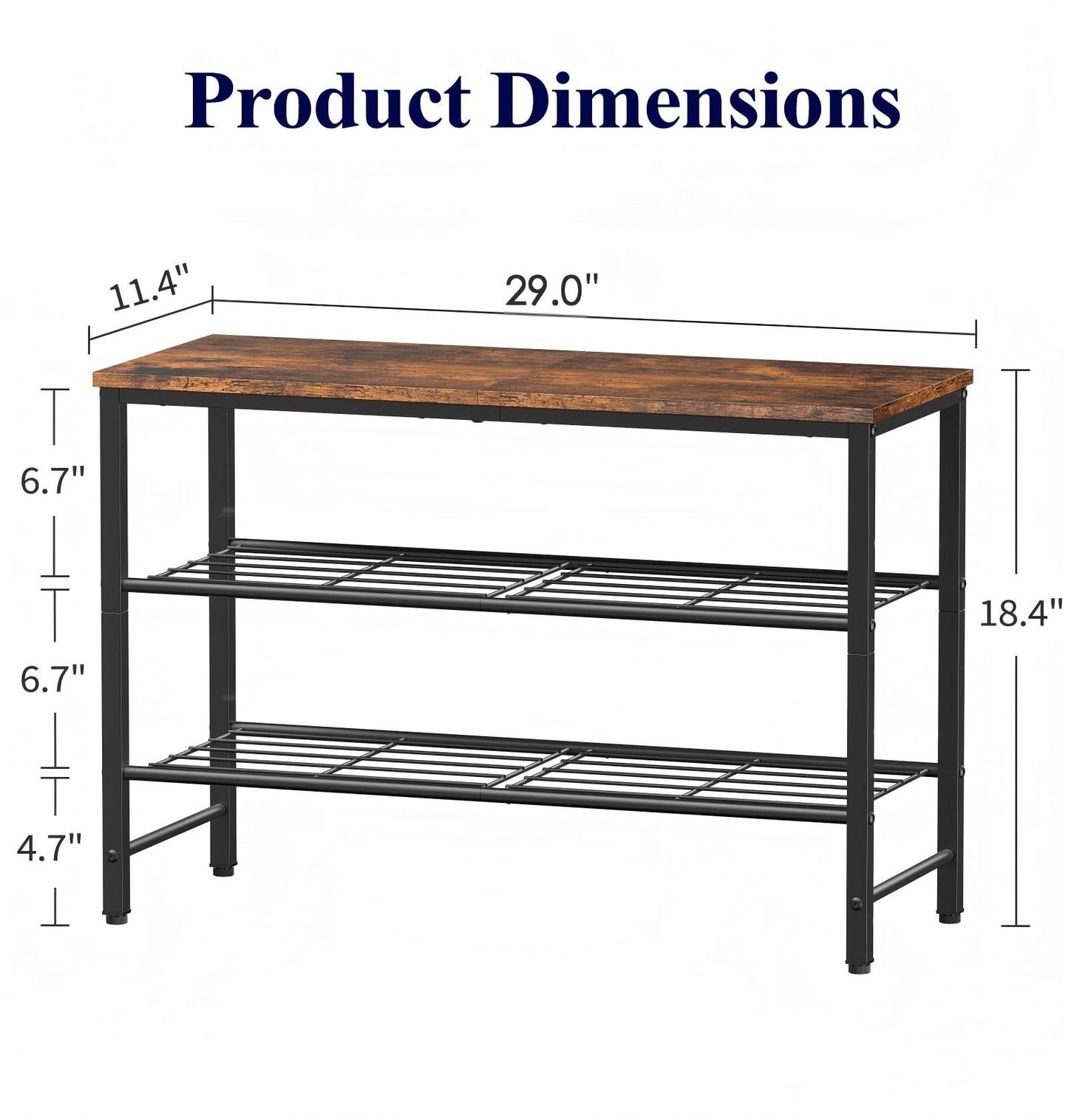 Kitsure 3-Tier Metal Shoe Rack with Wooden Top, Sturdy Shoe Organizer for Entryway, Bedroom, Closet, 29.0" x 11.4" x 18.4", Rustic Brown