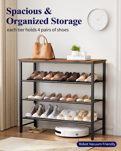 Kitsure Shoe Rack for Closet, Rustic Brown Shoe Organizer with Leveling Feet, Sturdy & Rust-Proof Shoe Storage for Entryway, Bedroom, Living Room, 29.5" x 11.4" x 24.8", Brown
