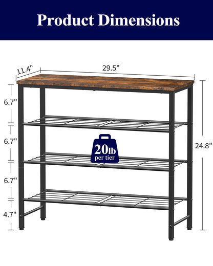 Kitsure Shoe Rack for Closet, Rustic Brown Shoe Organizer with Leveling Feet, Sturdy & Rust-Proof Shoe Storage for Entryway, Bedroom, Living Room, 29.5" x 11.4" x 24.8", Brown