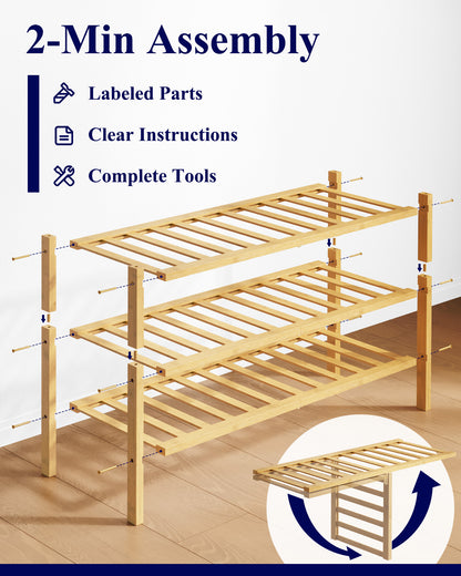 Kitsure Bamboo Wooden Shoe Rack for Closet - Stackable Shoe Organizer with Modular Structure, Space-Saving Shoe Shelf for Entryway, Living Room, Bedroom, 26.9" x 11" x 18.9", Natural