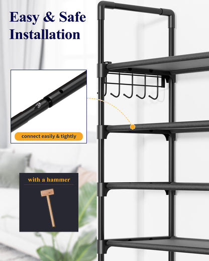 Kitsure Shoe Rack for Closet - 10-Tier Shoe Organizer with Hook Rack, Large-Capacity & Space-Saving Shoe Shelf for Entryway, Bedroom, Living Room,32.2" x 11.8" x 68.5", Black