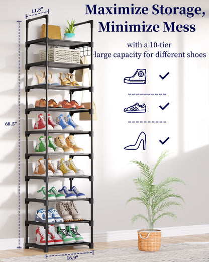 Kitsure Shoe Rack - 10-Tier Shoe Organizer with Detachable Fabric Shelves & Thick Metal Frame, Easy-to-Assemble Tall Shoe Rack for Closet, Entrance, Living Room, 16.9"×11.8"×68.5", Black