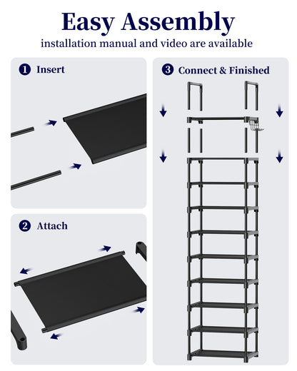 Kitsure Shoe Rack - 10-Tier Shoe Organizer with Detachable Fabric Shelves & Thick Metal Frame, Easy-to-Assemble Tall Shoe Rack for Closet, Entrance, Living Room, 16.9"×11.8"×68.5", Black