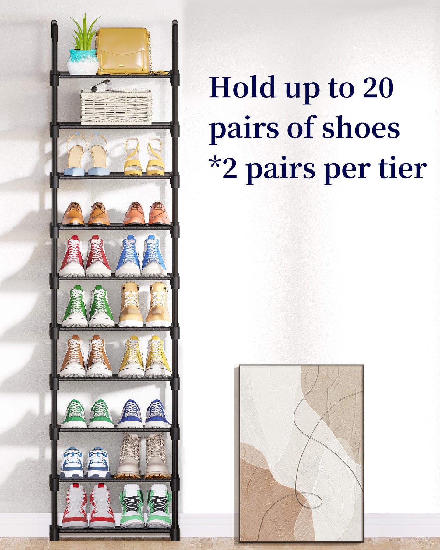 Kitsure Tall Shoe Rack - 10-Tier Shoe Organizer with Removable Shelves, Space-Saving Shoe Rack for Closet, Entrance, Bedroom, 16.9" x 11.5" x 68.0", Black