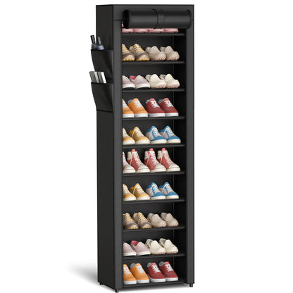 Kitsure Shoe Rack - 10-Tier Large Capacity Shoe Organizer Shelf with Dust Cover & Side Pockets, Rust-Proof Metal Shoe Rack for Closet, Entrance, Living Room, 17.5"×12.4"×69.3", Black