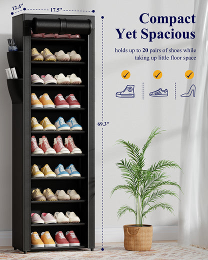 Kitsure Shoe Rack - 10-Tier Large Capacity Shoe Organizer Shelf with Dust Cover & Side Pockets, Rust-Proof Metal Shoe Rack for Closet, Entrance, Living Room, 17.5"×12.4"×69.3", Black