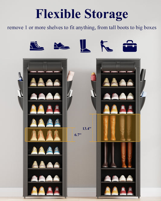 Kitsure Shoe Rack - 10-Tier Large Capacity Shoe Organizer Shelf with Dust Cover & Side Pockets, Rust-Proof Metal Shoe Rack for Closet, Entrance, Living Room, 17.5"×12.4"×69.3", Black