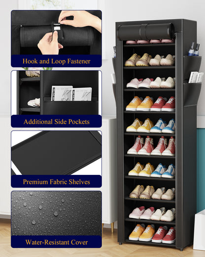 Kitsure Shoe Rack - 10-Tier Large Capacity Shoe Organizer Shelf with Dust Cover & Side Pockets, Rust-Proof Metal Shoe Rack for Closet, Entrance, Living Room, 17.5"×12.4"×69.3", Black