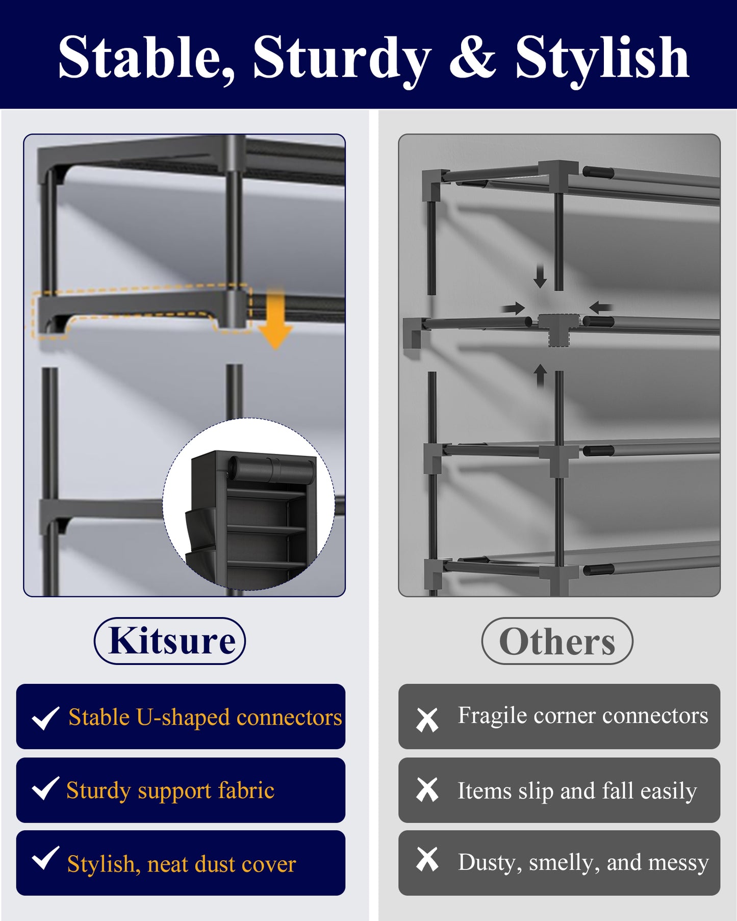 Kitsure Shoe Rack - 10-Tier Large Capacity Shoe Organizer Shelf with Dust Cover & Side Pockets, Rust-Proof Metal Shoe Rack for Closet, Entrance, Living Room, 17.5"×12.4"×69.3", Black
