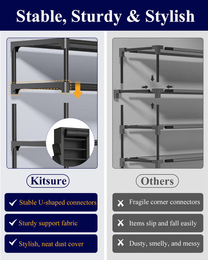 Kitsure Shoe Rack - 10-Tier Large Capacity Shoe Organizer Shelf with Dust Cover & Side Pockets, Rust-Proof Metal Shoe Rack for Closet, Entrance, Living Room, 17.5"×12.4"×69.3", Black