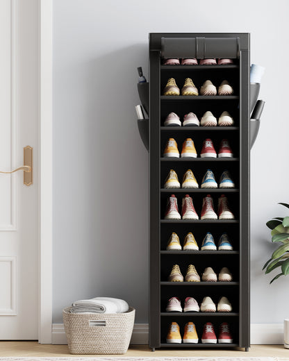 Kitsure Shoe Rack - 10-Tier Large Capacity Shoe Organizer Shelf with Dust Cover & Side Pockets, Rust-Proof Metal Shoe Rack for Closet, Entrance, Living Room, 17.5"×12.4"×69.3", Black