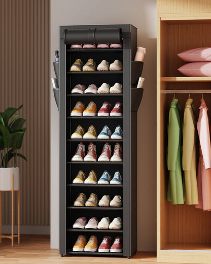 Kitsure Shoe Rack - 10-Tier Large Capacity Shoe Organizer Shelf with Dust Cover & Side Pockets, Rust-Proof Metal Shoe Rack for Closet, Entrance, Living Room, 17.5"×12.4"×69.3", Black