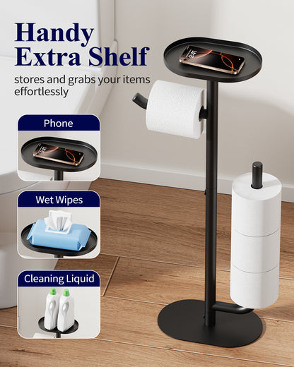 Kitsure Toilet Paper Holder Stand - Spacious Toilet Paper Storage for 4 Rolls, Rustproof Bathroom Organizers and Storage with Shelf for Phone & Small Items, 9.1"×5.8"×27.6" , Black
