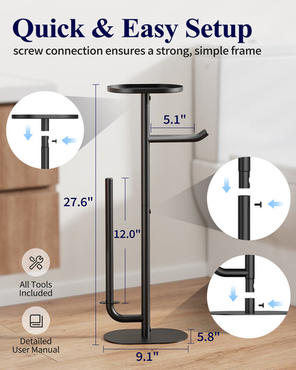 Kitsure Toilet Paper Holder Stand - Spacious Toilet Paper Storage for 4 Rolls, Rustproof Bathroom Organizers and Storage with Shelf for Phone & Small Items, 9.1"×5.8"×27.6" , Black