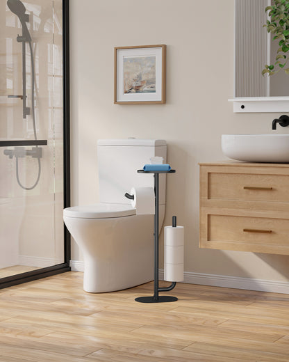 Kitsure Toilet Paper Holder Stand - Spacious Toilet Paper Storage for 4 Rolls, Rustproof Bathroom Organizers and Storage with Shelf for Phone & Small Items, 9.1"×5.8"×27.6" , Black