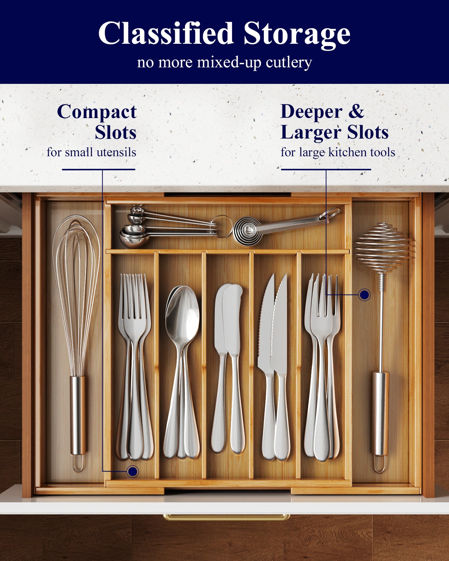 Kitsure Silverware Organizer - Expandable Bamboo Kitchen Drawer Organizer for Cooking Utensils and Cutlery, Sturdy & Thickened Kitchen Organizers and Storage Solution, 18.5"×13.3"×1.8"