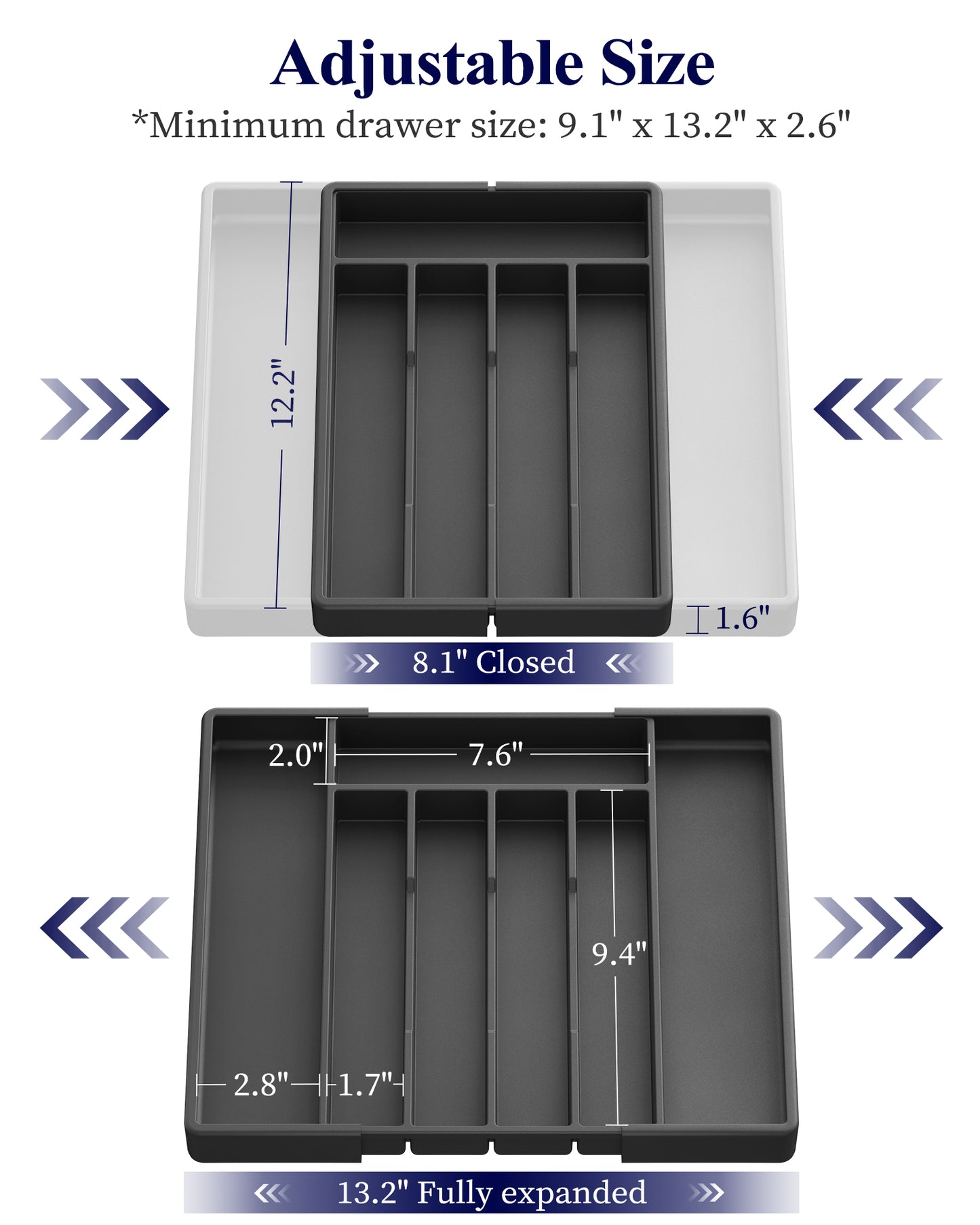 Kitsure Silverware Organizer for Drawers - Expandable Cutlery and Utensil Drawer Organizer with Easy Maintenance, Premium PP Kitchen Organizers and Storage for Flatware, Black, 13.2" x 12.2" x 1.6"