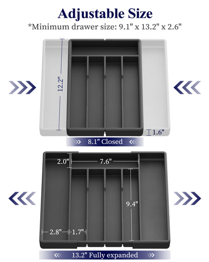 Kitsure Silverware Organizer for Drawers - Expandable Cutlery and Utensil Drawer Organizer with Easy Maintenance, Premium PP Kitchen Organizers and Storage for Flatware, Black, 13.2" x 12.2" x 1.6"