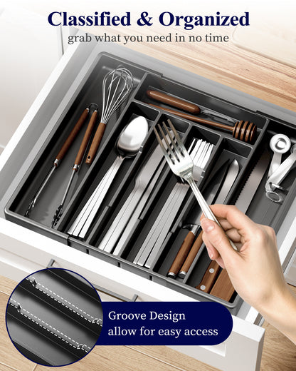 Kitsure Silverware Organizer for Drawers - Expandable Cutlery and Utensil Drawer Organizer with Easy Maintenance, Premium PP Kitchen Organizers and Storage for Flatware, Black, 13.2" x 12.2" x 1.6"