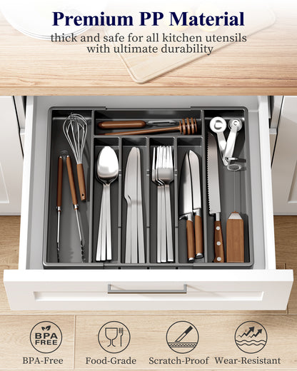 Kitsure Silverware Organizer for Drawers - Expandable Cutlery and Utensil Drawer Organizer with Easy Maintenance, Premium PP Kitchen Organizers and Storage for Flatware, Black, 13.2" x 12.2" x 1.6"