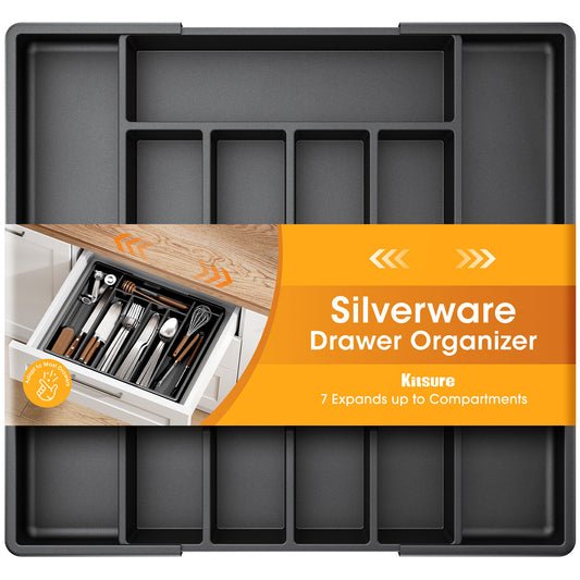 Kitsure Expandable Silverware Organizer, Utensil Tray PP Drawer Organizer, Black, 13.0" x 12.2" x 1.5"