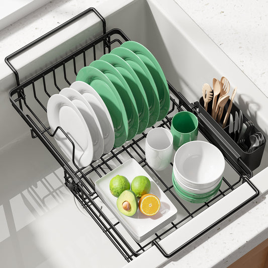 Kitsure Dish Drying Rack – Expandable In-Sink or Over-Sink Dish Rack for Kitchen Counter, Rust-Resistant Metal Dish Strainer with Cutlery Holder, 10.82"-17.12" L x 11.02" W x 3.93" H, Black