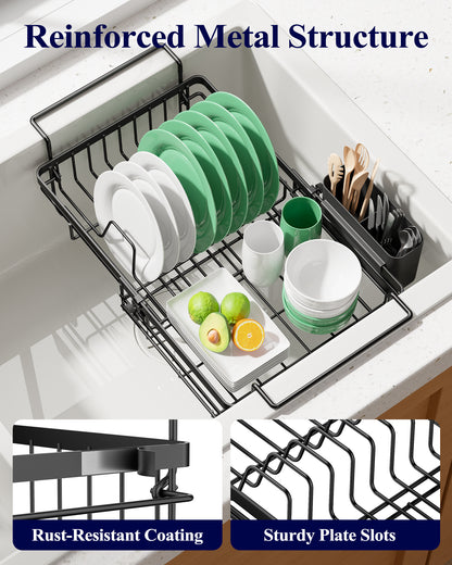 Kitsure Dish Drying Rack – Expandable In-Sink or Over-Sink Dish Rack for Kitchen Counter, Rust-Resistant Metal Dish Strainer with Cutlery Holder, 10.82"-17.12" L x 11.02" W x 3.93" H, Black