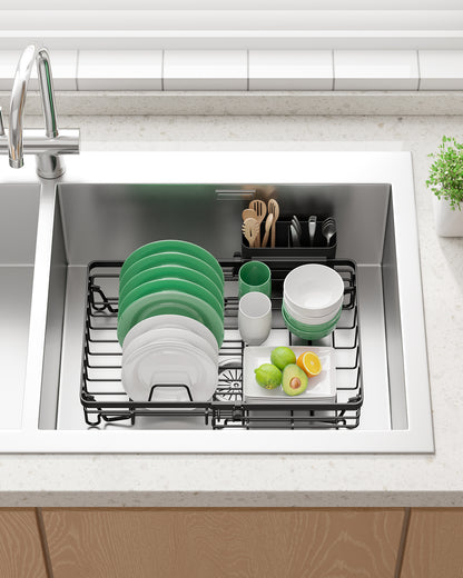 Kitsure Dish Drying Rack – Expandable In-Sink or Over-Sink Dish Rack for Kitchen Counter, Rust-Resistant Metal Dish Strainer with Cutlery Holder, 10.82"-17.12" L x 11.02" W x 3.93" H, Black