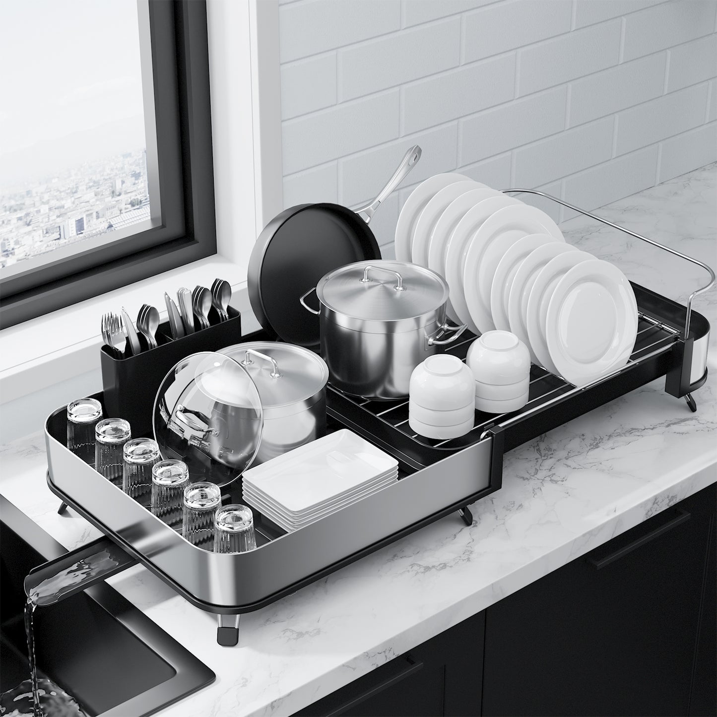 Kitsure Dish Drying Rack - Expandable Stainless Steel Dish Racks for Kitchen Counter, Auto-Drain Drying Rack for Kitchen with Cutlery Holder & Non-Slip Feet, 16.1-26.6" L x 12.6" W, Black