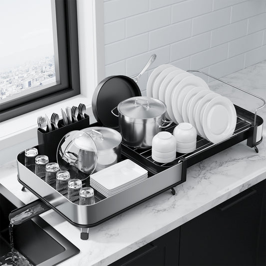 Kitsure Dish Drying Rack - Expandable Stainless Steel Dish Racks for Kitchen Counter, Auto-Drain Drying Rack for Kitchen with Cutlery Holder & Non-Slip Feet, 16.1-26.6" L x 12.6" W, Black