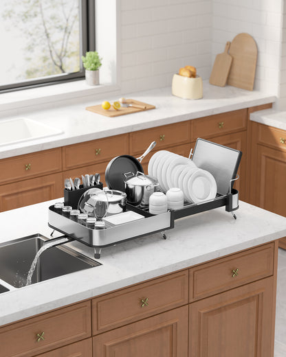 Kitsure Dish Drying Rack - Expandable Stainless Steel Dish Racks for Kitchen Counter, Auto-Drain Drying Rack for Kitchen with Cutlery Holder & Non-Slip Feet, 16.1-26.6" L x 12.6" W, Black