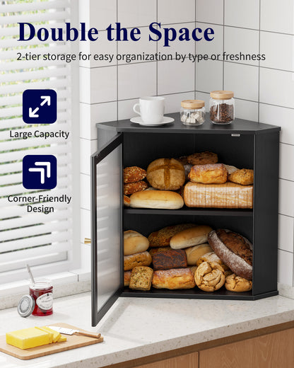 Kitsure Bread Box - 2-Tier Corner Bread Box for Kitchen Countertop with Magnetic Acrylic Door, Bamboo Kitchen Counter Organizer for Snacks, Loaves, Homemade Bread Storage, Black, 16.5"H