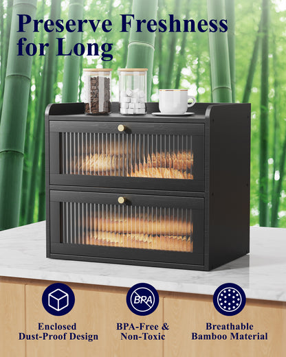 Kitsure Bread Box - 2-Tier Bamboo Bread Box for Kitchen Countertop, Bread Storage Container with Magnetic Acrylic Door, Pantry Organizers and Storage for Loaves, 15" x 9.8" x 13.2", Black