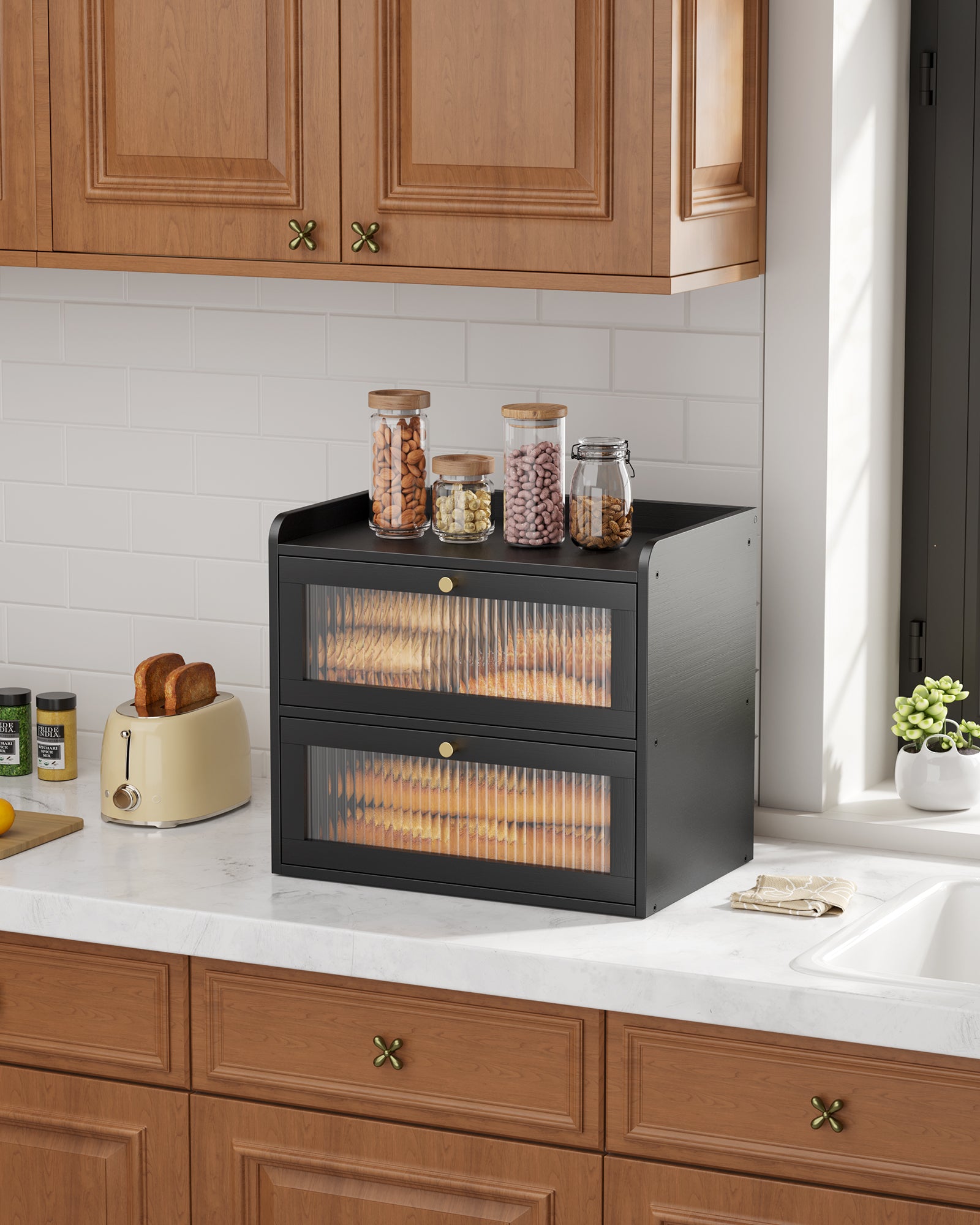 Kitsure Bread Box - 2-Tier Bamboo Bread Box for Kitchen Countertop, Br