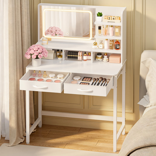 Kitsure Vanity Desk with Mirror and Lights - Small Makeup Vanity with 3 Lighting Modes, Stable Small Vanity with Fabric Drawers & Shelves for Bedroom & Gifting Use, White, 31.5" x 15.8" x 51.2"