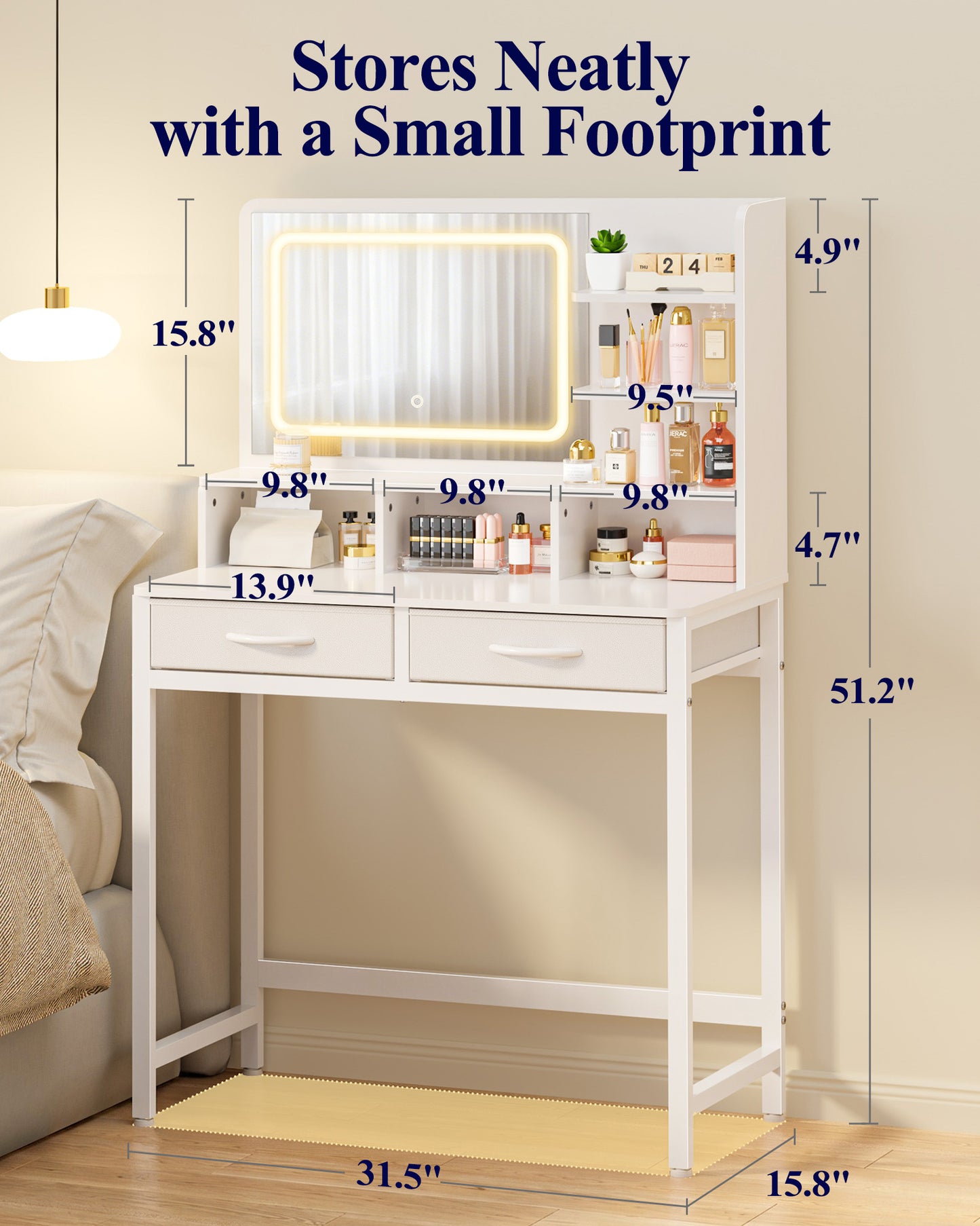 Kitsure Vanity Desk with Mirror and Lights - Small Makeup Vanity with 3 Lighting Modes, Stable Small Vanity with Fabric Drawers & Shelves for Bedroom & Gifting Use, White, 31.5" x 15.8" x 51.2"