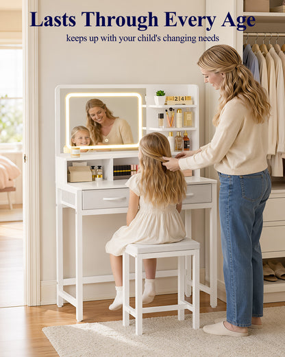 Kitsure Vanity Desk with Mirror and Lights - Small Makeup Vanity with 3 Lighting Modes, Stable Small Vanity with Fabric Drawers & Shelves for Bedroom & Gifting Use, White, 31.5" x 15.8" x 51.2"