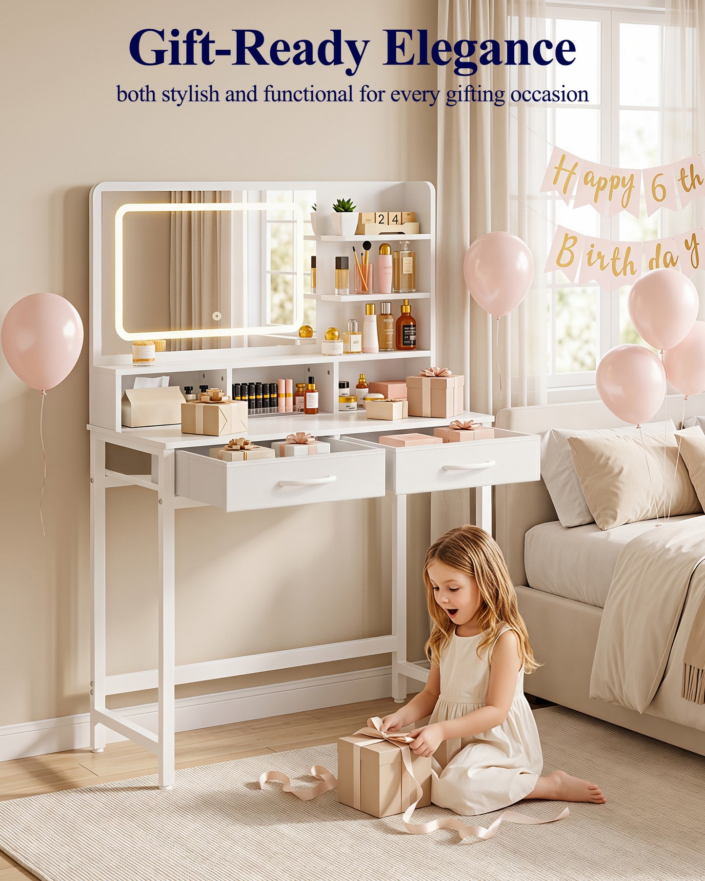 Kitsure Vanity Desk with Mirror and Lights - Small Makeup Vanity with 3 Lighting Modes, Stable Small Vanity with Fabric Drawers & Shelves for Bedroom & Gifting Use, White, 31.5" x 15.8" x 51.2"