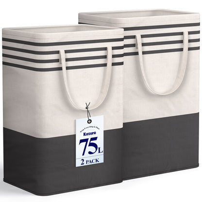 Kitsure Laundry Hamper, Collapsible Laundry Baskets, CLothes Hamper with Handles, 2-Pack, 15.7" x 11.8" x 24", Black