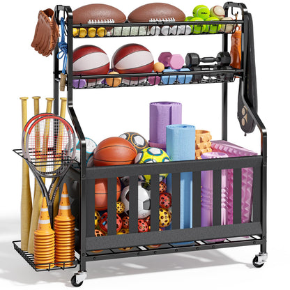 Kitsure Sports Equipment Organizer - Multi-Use Ball Storage for Toys & Sports Gear and Accessories, with Hooks and Bat Holder, Wheel-Equipped Rack for Garage, Outdoor, 40.0" x 16.7" x 45.6", Black