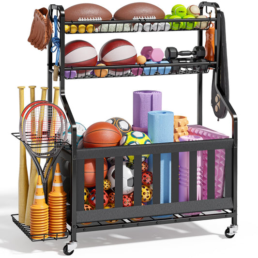 Kitsure Sports Equipment Organizer - Multi-Use Ball Storage for Toys & Sports Gear and Accessories, with Hooks and Bat Holder, Wheel-Equipped Rack for Garage, Outdoor, 40.0" x 16.7" x 45.6", Black