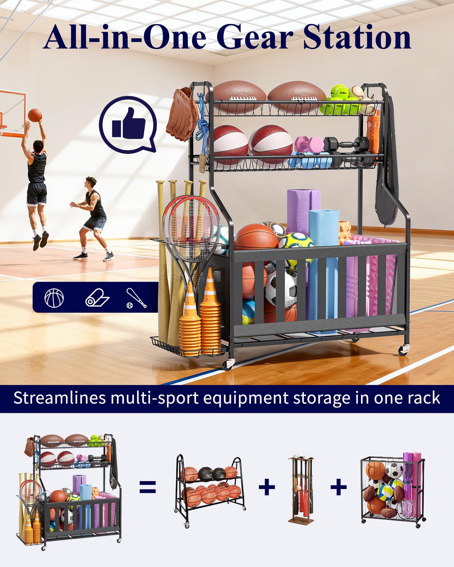 Kitsure Sports Equipment Organizer - Multi-Use Ball Storage for Toys & Sports Gear and Accessories, with Hooks and Bat Holder, Wheel-Equipped Rack for Garage, Outdoor, 40.0" x 16.7" x 45.6", Black