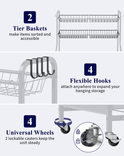 Kitsure Sports Equipment Organizer - Multi-Use Ball Storage for Toys & Sports Gear and Accessories, with Hooks and Bat Holder, Wheel-Equipped Rack for Garage, Outdoor, 40.0" x 16.7" x 45.6", Black