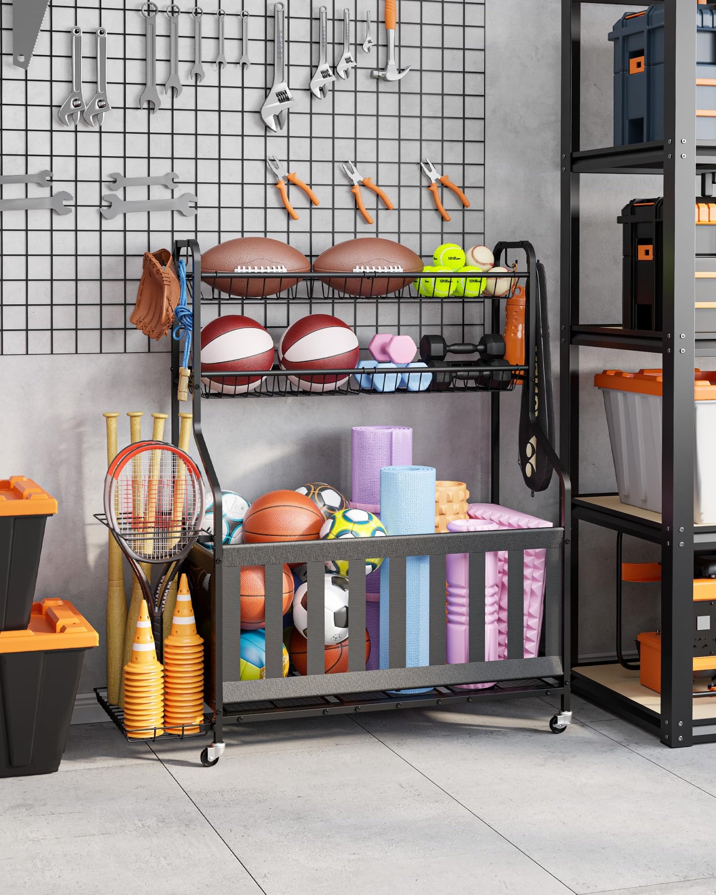 Kitsure Sports Equipment Organizer - Multi-Use Ball Storage for Toys & Sports Gear and Accessories, with Hooks and Bat Holder, Wheel-Equipped Rack for Garage, Outdoor, 40.0" x 16.7" x 45.6", Black